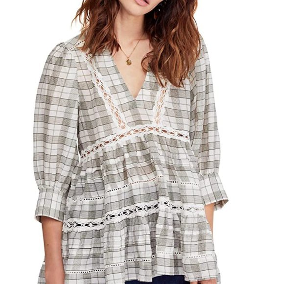 Free People Womens Time Out Plaid Lace Trim Tunic - Picture 3 of 6
